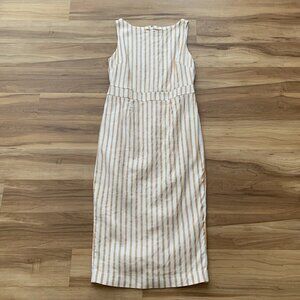 Boden Womens Maggie Sheath Linen Dress Midi Size 6 White Tan Striped Lined